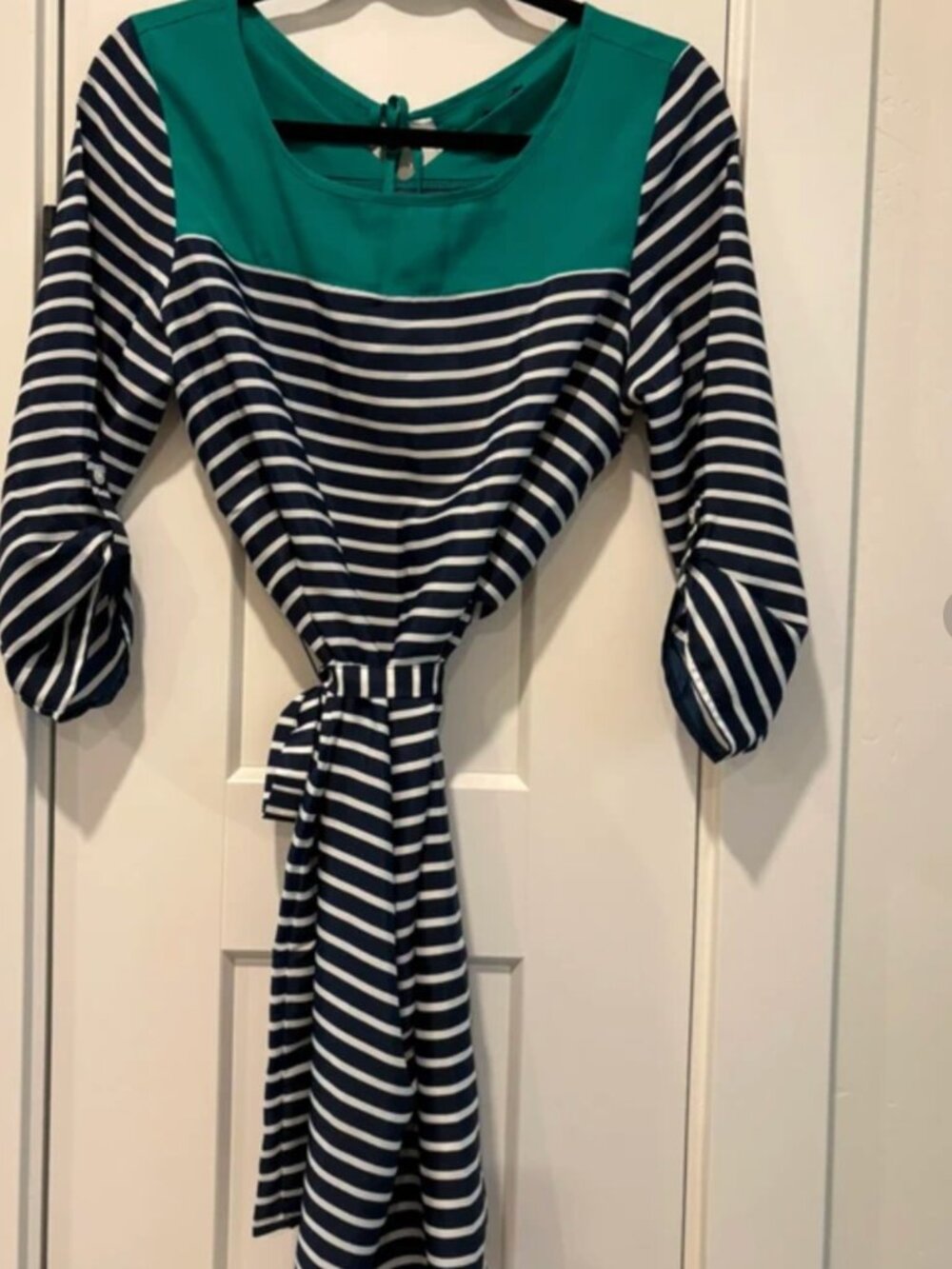 NWT GAP Striped Belted Shirt Dress Teal Blue White Roll Tab Sleeve M (8-10)